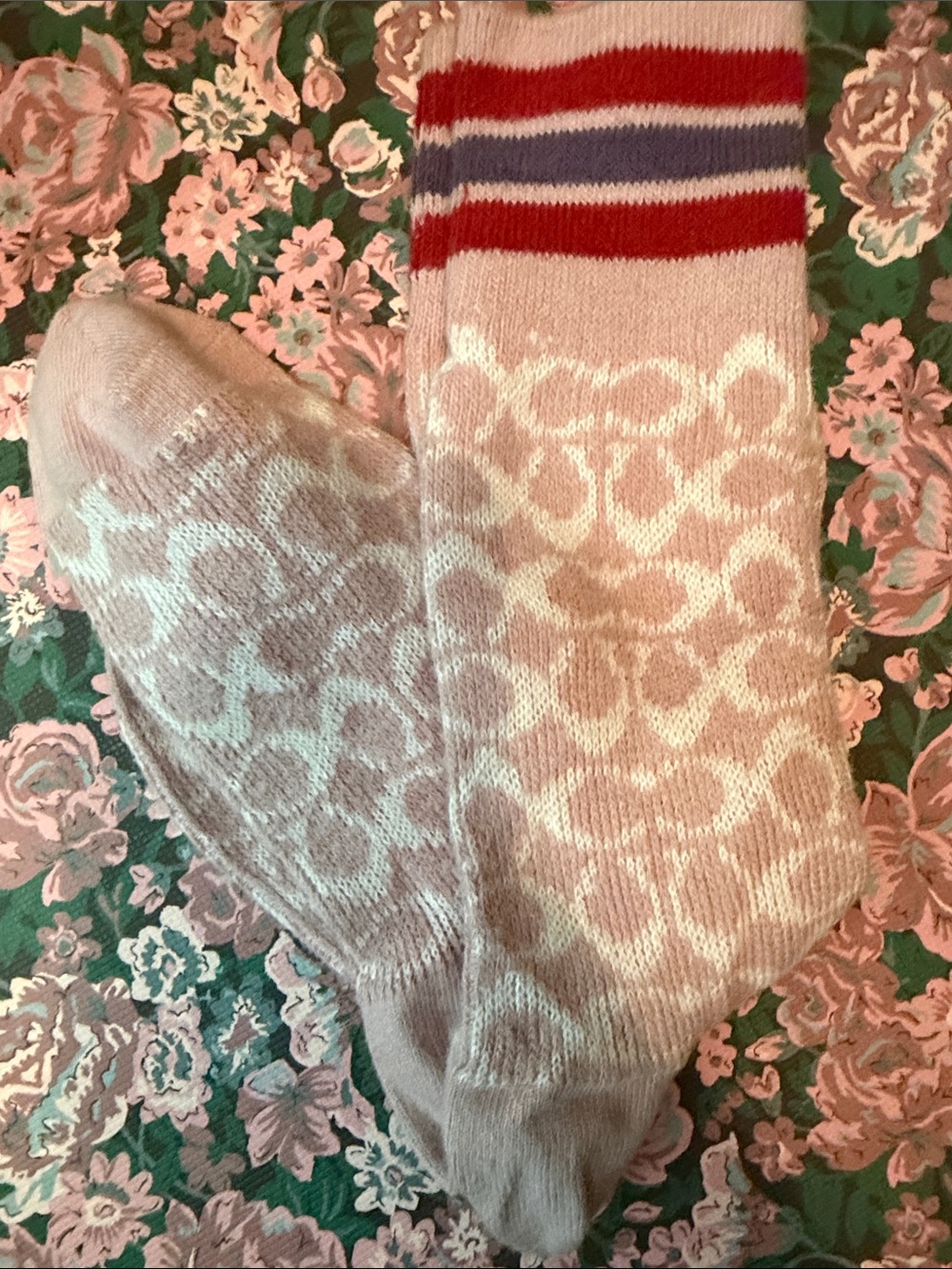 Coach Pink Crew Socks with White Logo Pattern and Red & Purple Stripes